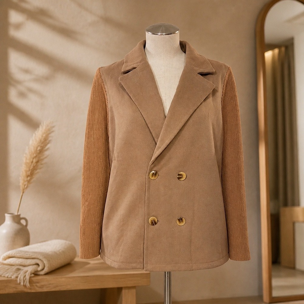 Camel Double Breasted Blazer Mixed Media Knit Sleeves‎ Tan Large